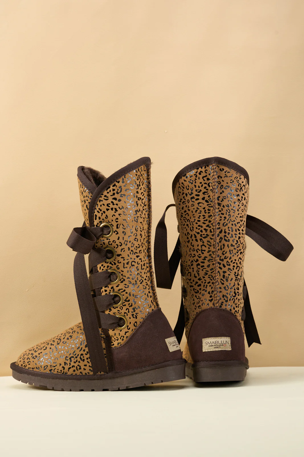 SMAIBULUN Ugg | Ribbon Lace-Up Faux Fur-lined Suede Boot - Leopard - Image 11