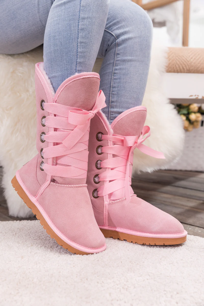 SMAIBULUN Ugg | Ribbon Lace-Up Faux Fur-lined Suede Boot - Pink - Image 4