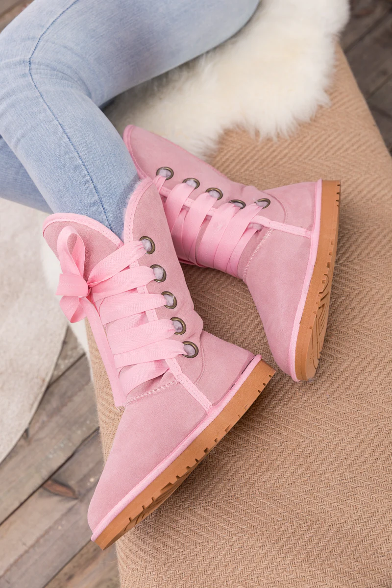 SMAIBULUN Ugg | Ribbon Lace-Up Faux Fur-lined Suede Boot - Pink - Image 5