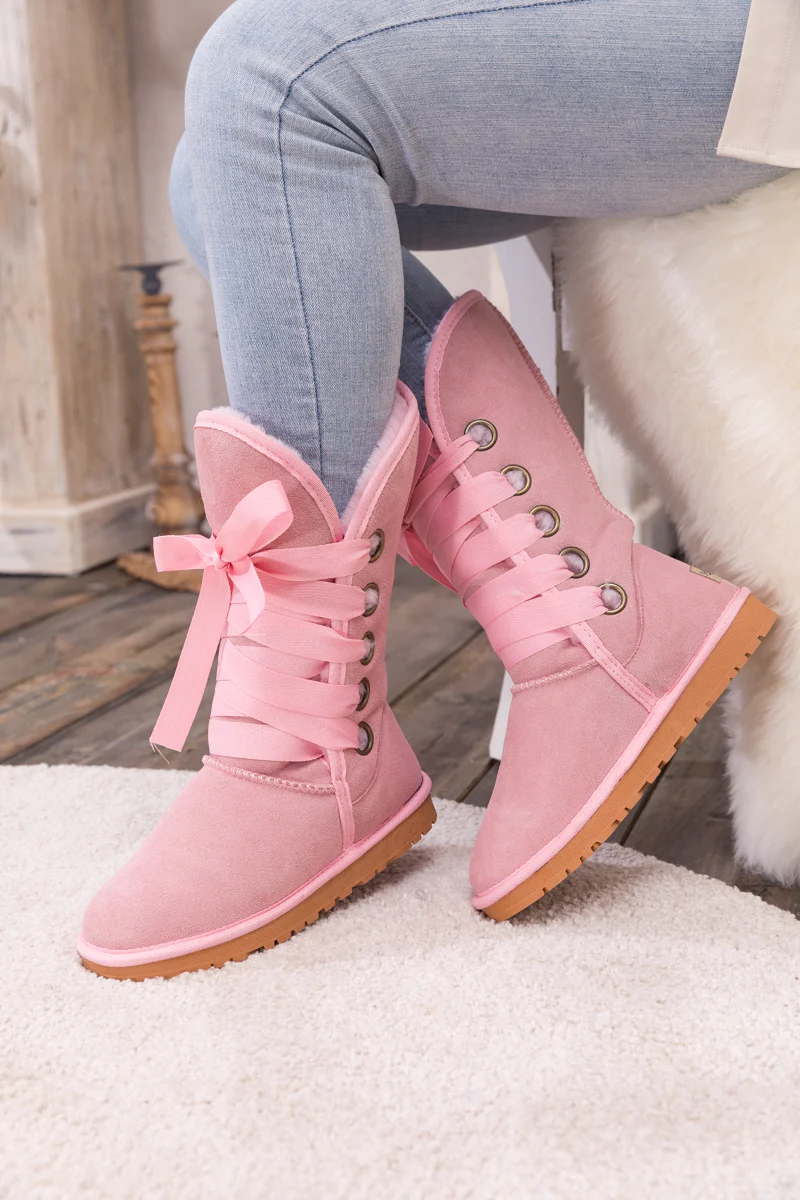SMAIBULUN Ugg | Ribbon Lace-Up Faux Fur-lined Suede Boot - Pink - Image 6