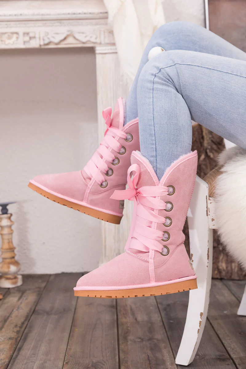 SMAIBULUN Ugg | Ribbon Lace-Up Faux Fur-lined Suede Boot - Pink - Image 7