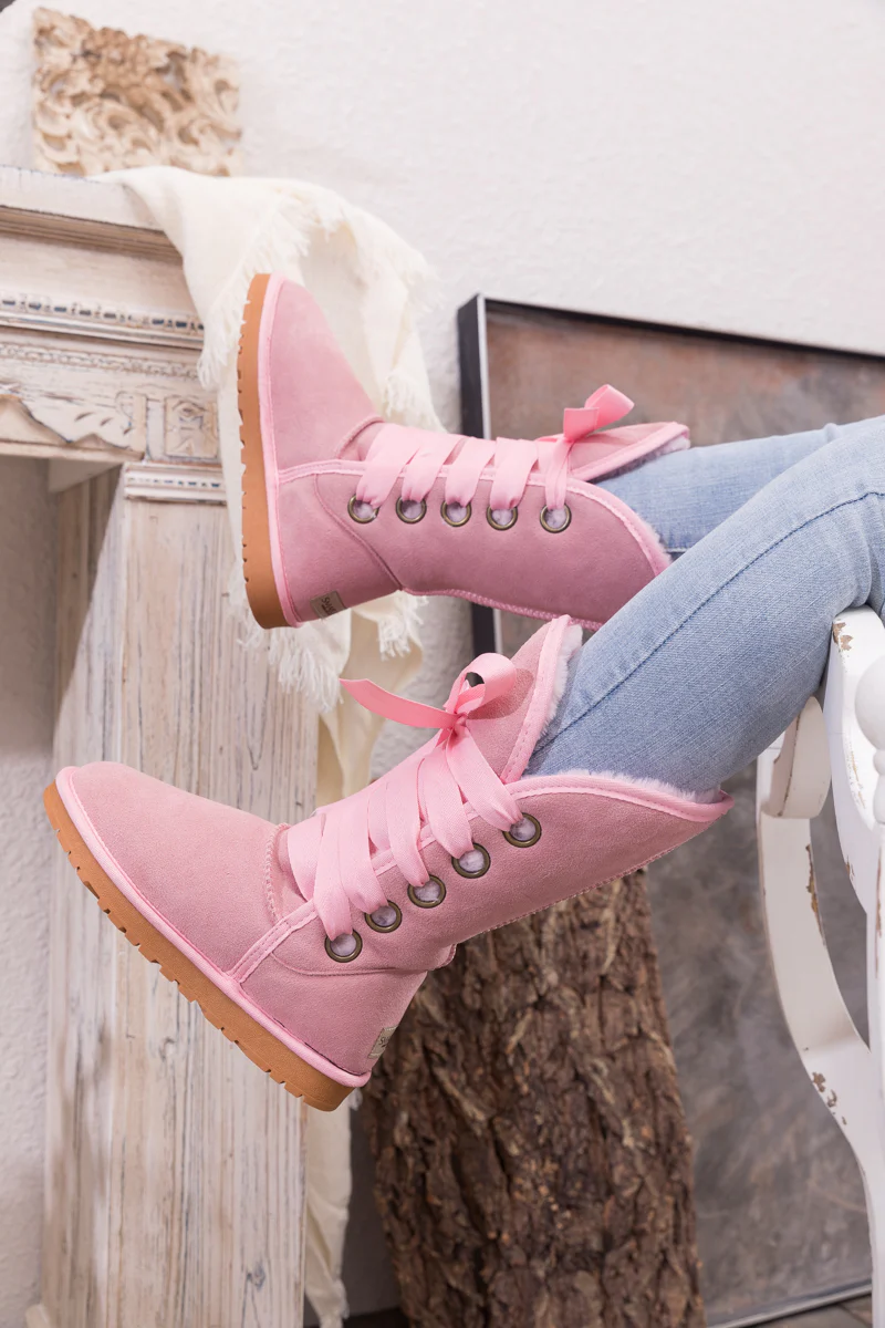 SMAIBULUN Ugg | Ribbon Lace-Up Faux Fur-lined Suede Boot - Pink - Image 8