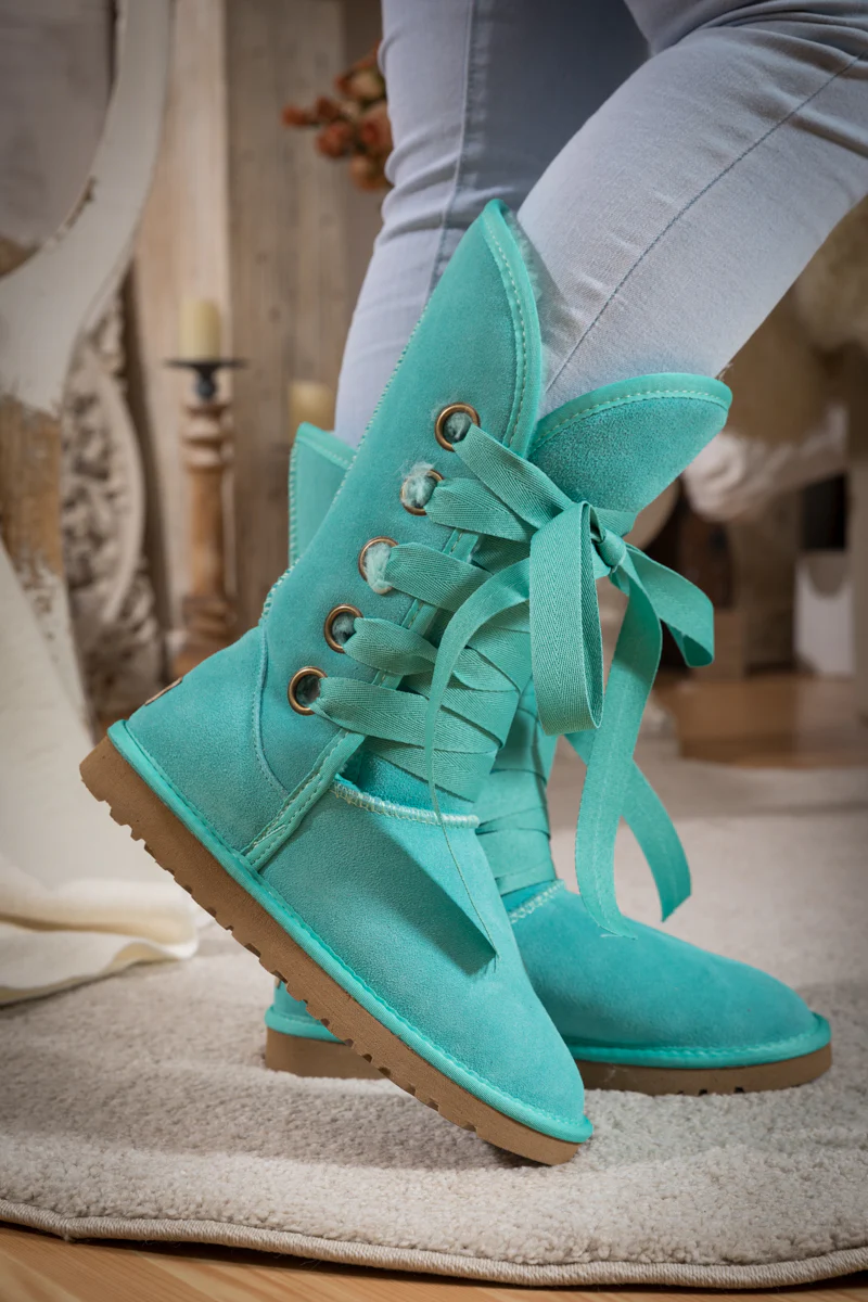 SMAIBULUN Ugg | Ribbon Lace-Up Faux Fur-lined Suede Boot - Turquoise - Image 2