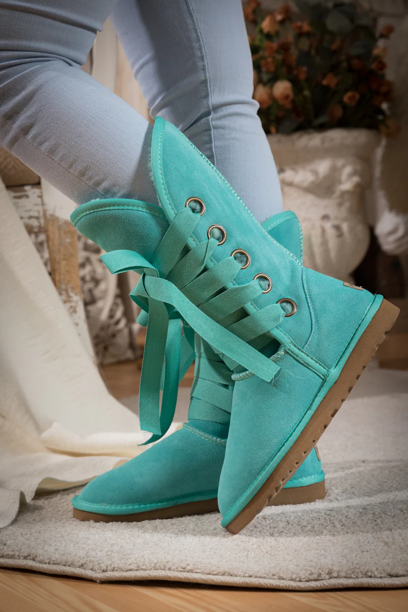 SMAIBULUN Ugg | Ribbon Lace-Up Faux Fur-lined Suede Boot - Turquoise - Image 3