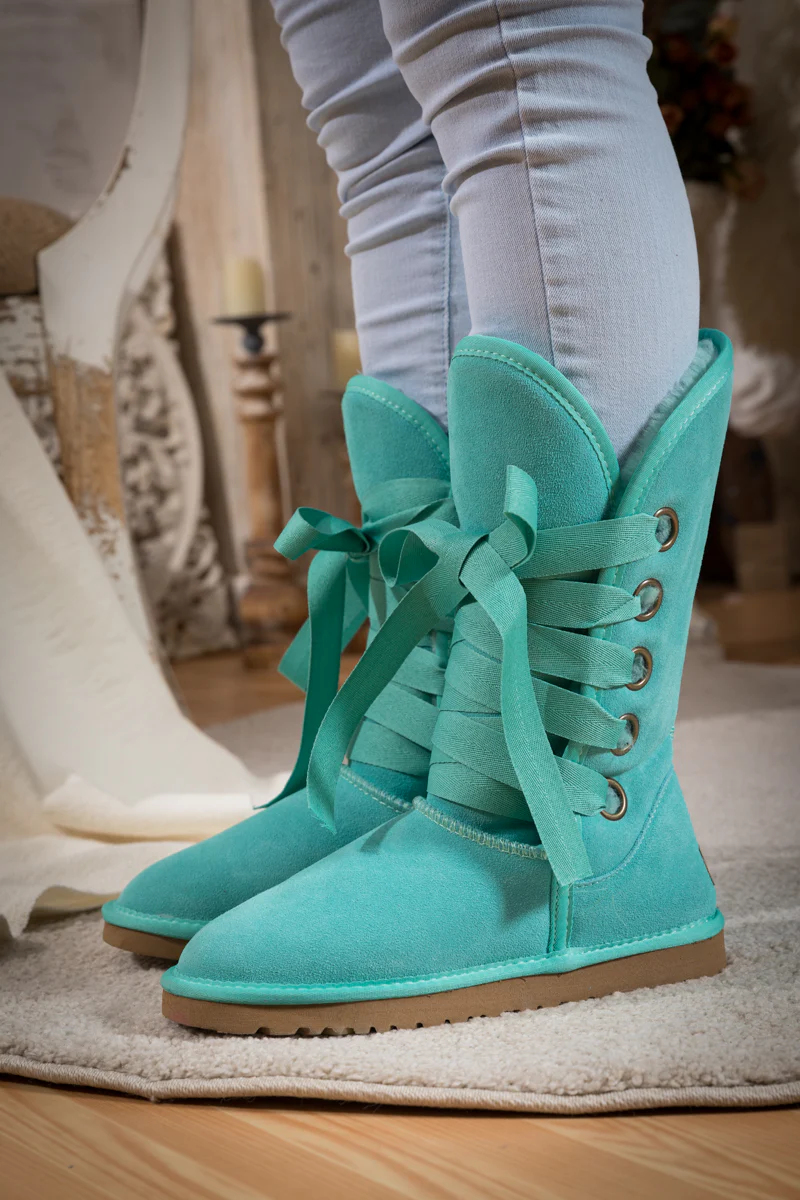 SMAIBULUN Ugg | Ribbon Lace-Up Faux Fur-lined Suede Boot - Turquoise - Image 4