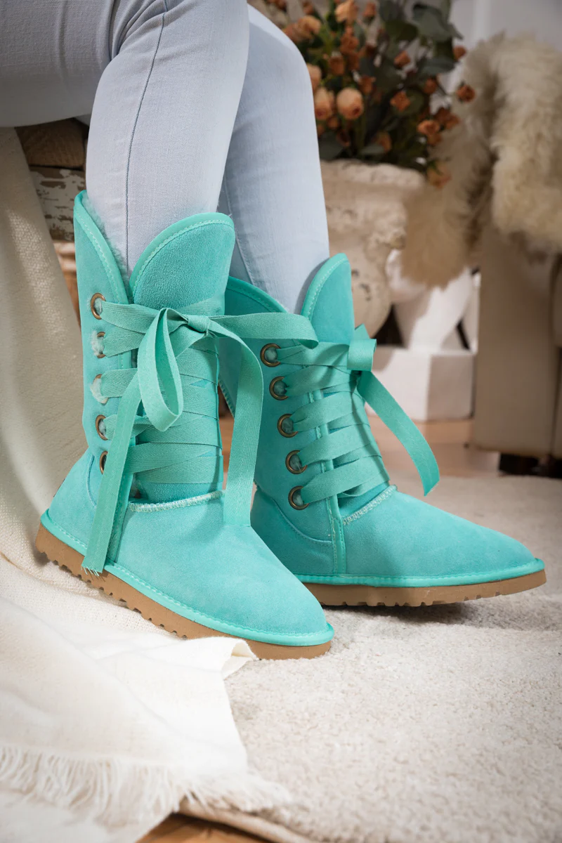 SMAIBULUN Ugg | Ribbon Lace-Up Faux Fur-lined Suede Boot - Turquoise - Image 7