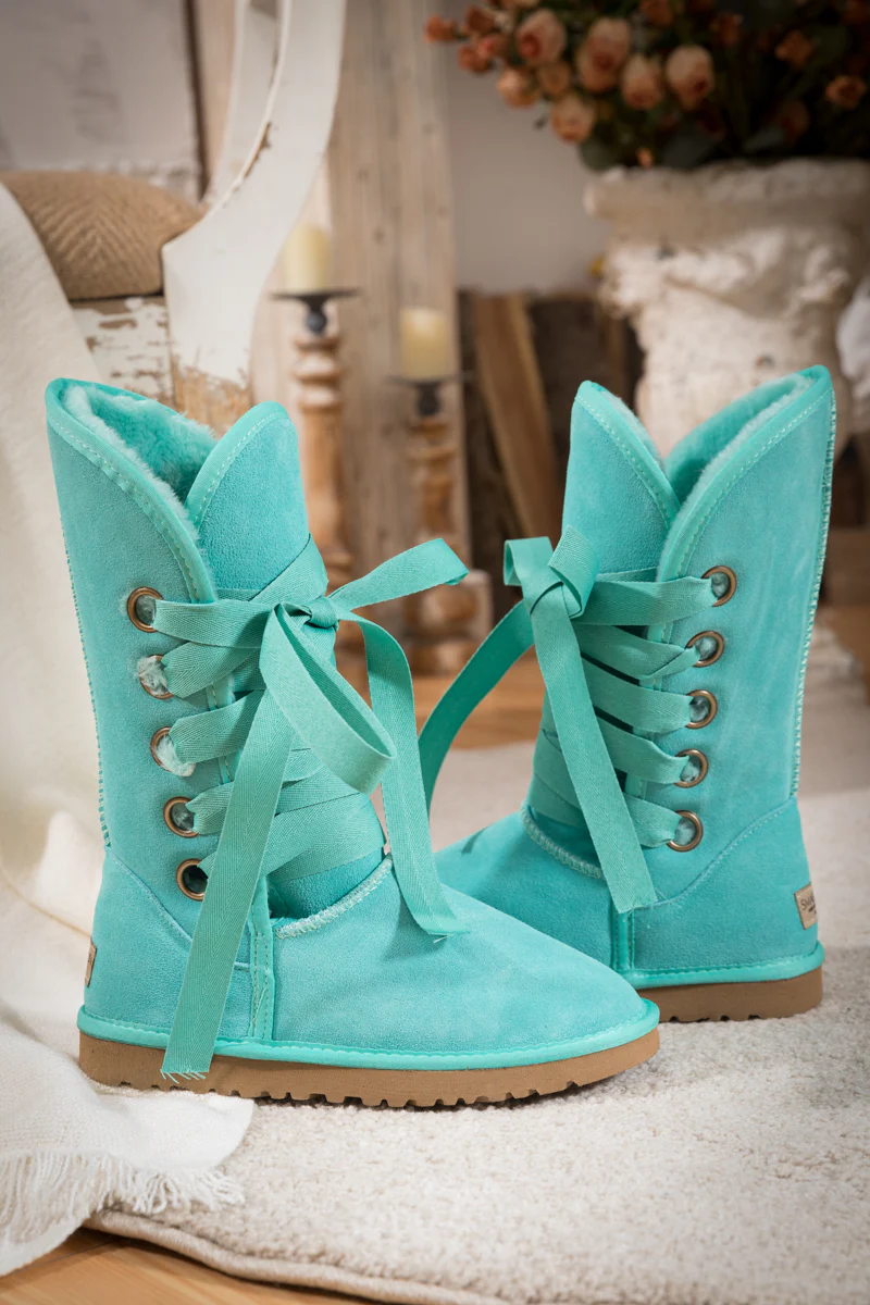 SMAIBULUN Ugg | Ribbon Lace-Up Faux Fur-lined Suede Boot - Turquoise - Image 9