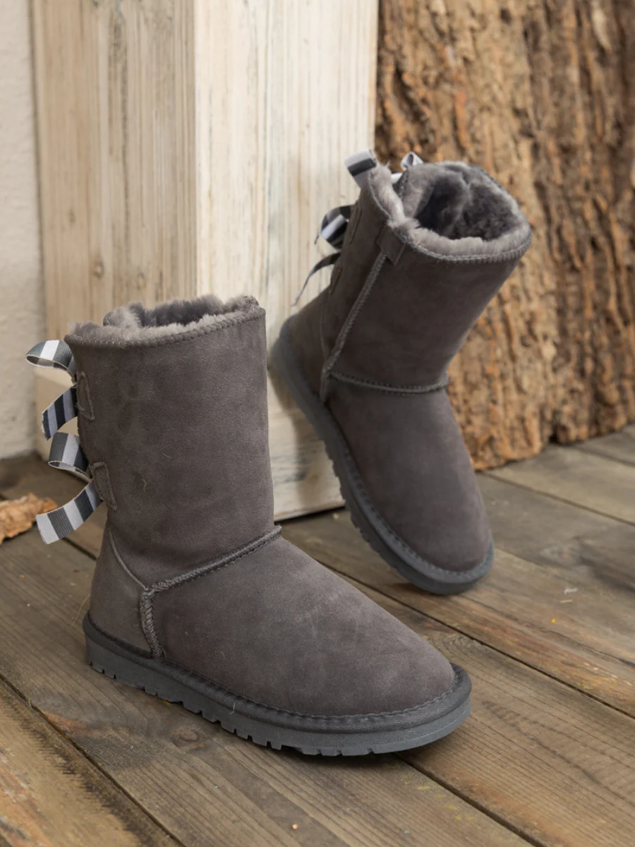Smaibulun Ugg | Serenity Striped Bailey Bow Shearling Boots - Grey - Image 8
