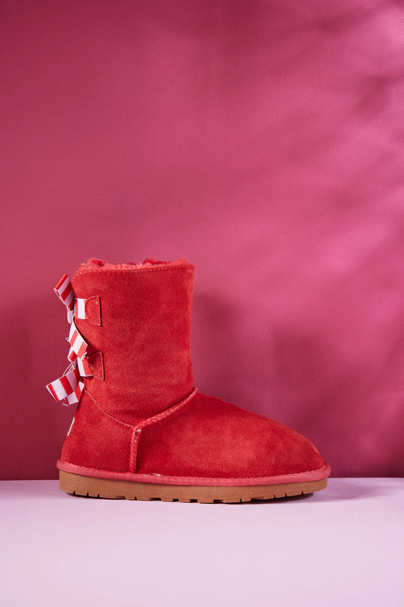 Smaibulun Ugg | Serenity Striped Bailey Bow Shearling Boots - Red - Image 12