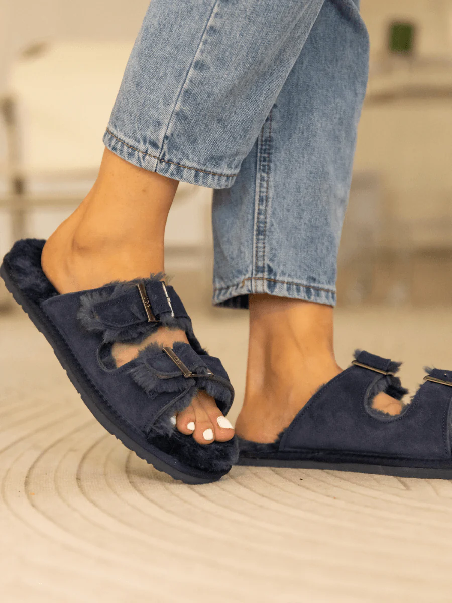 Smaibulun Ugg | Woolen Lined Double Strap Suede Sandal - Navy - Image 4