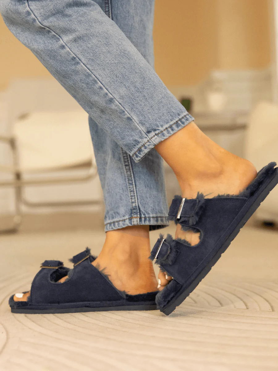 Smaibulun Ugg | Woolen Lined Double Strap Suede Sandal - Navy - Image 5