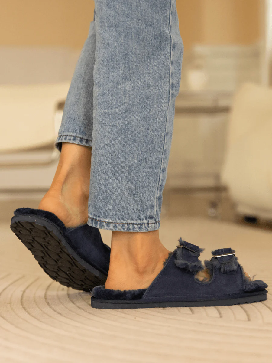 Smaibulun Ugg | Woolen Lined Double Strap Suede Sandal - Navy - Image 6