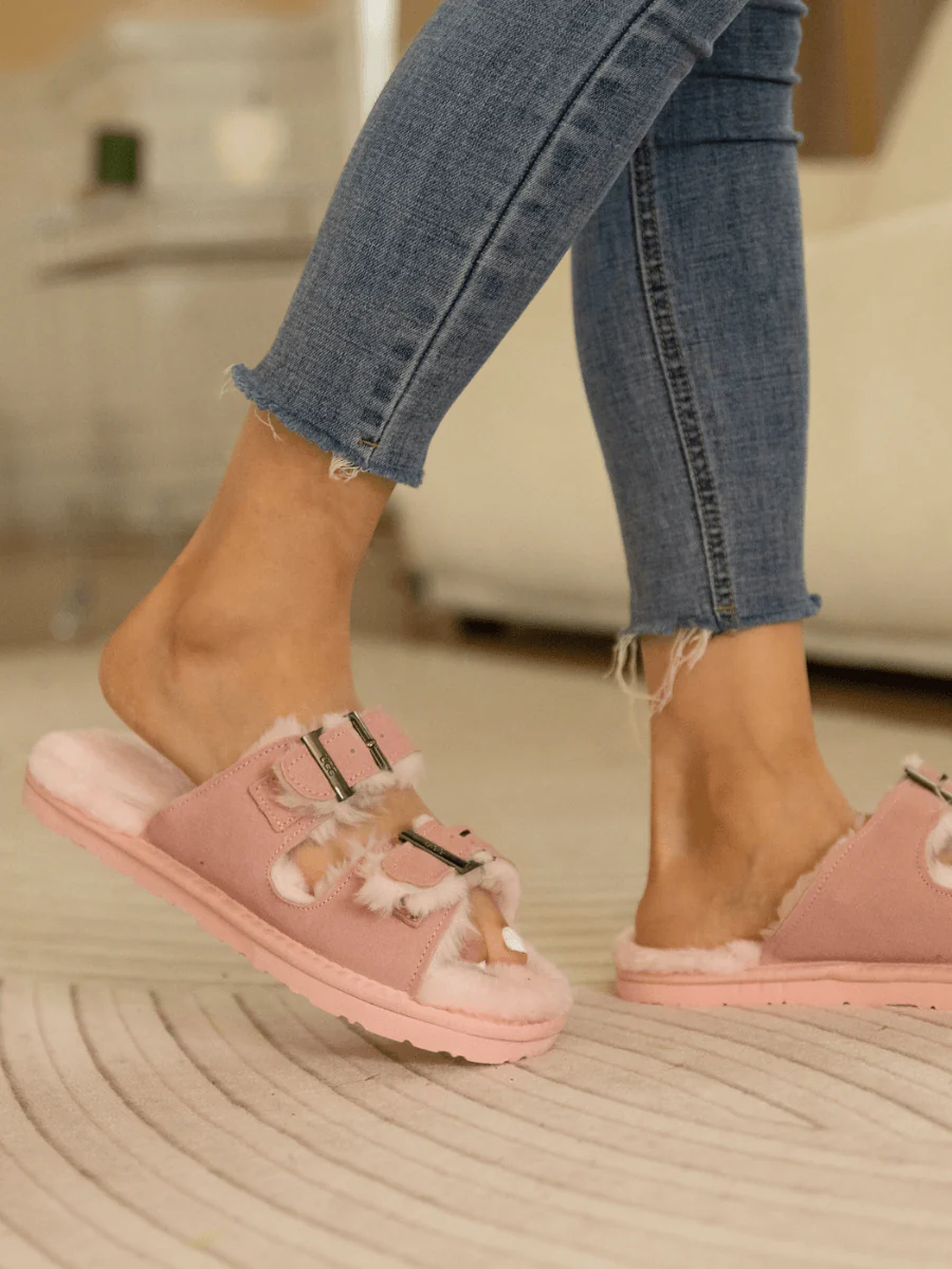 Smaibulun Ugg | Woolen Lined Double Strap Suede Sandal - Pink - Image 6