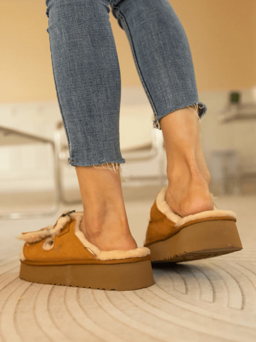 Smaibulun Ugg | Woolen Suede Double Strap Platform Sandal - Chestnut - Image 6