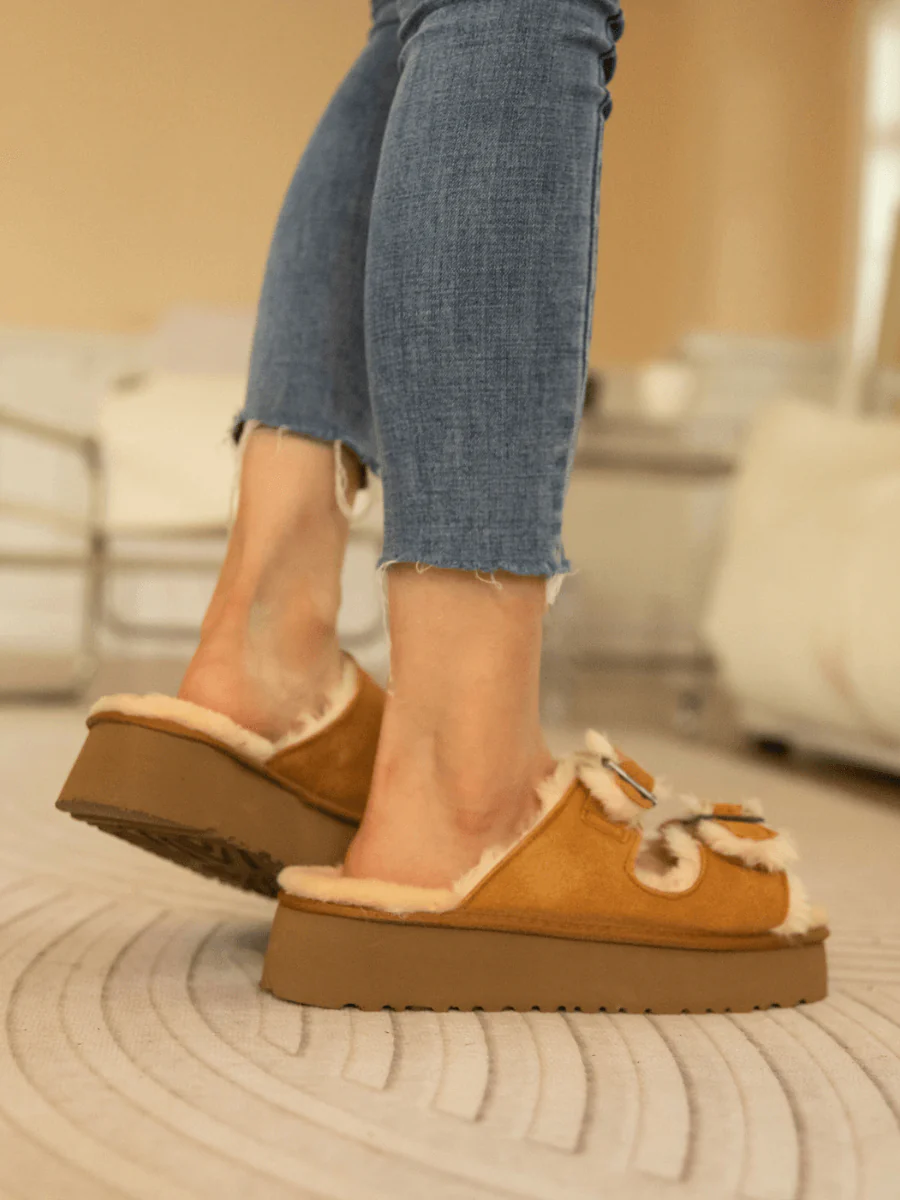 Smaibulun Ugg | Woolen Suede Double Strap Platform Sandal - Chestnut - Image 7