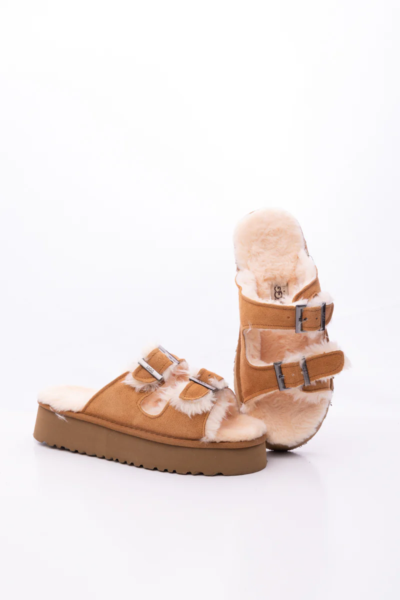 Smaibulun Ugg | Woolen Suede Double Strap Platform Sandal - Chestnut - Image 8