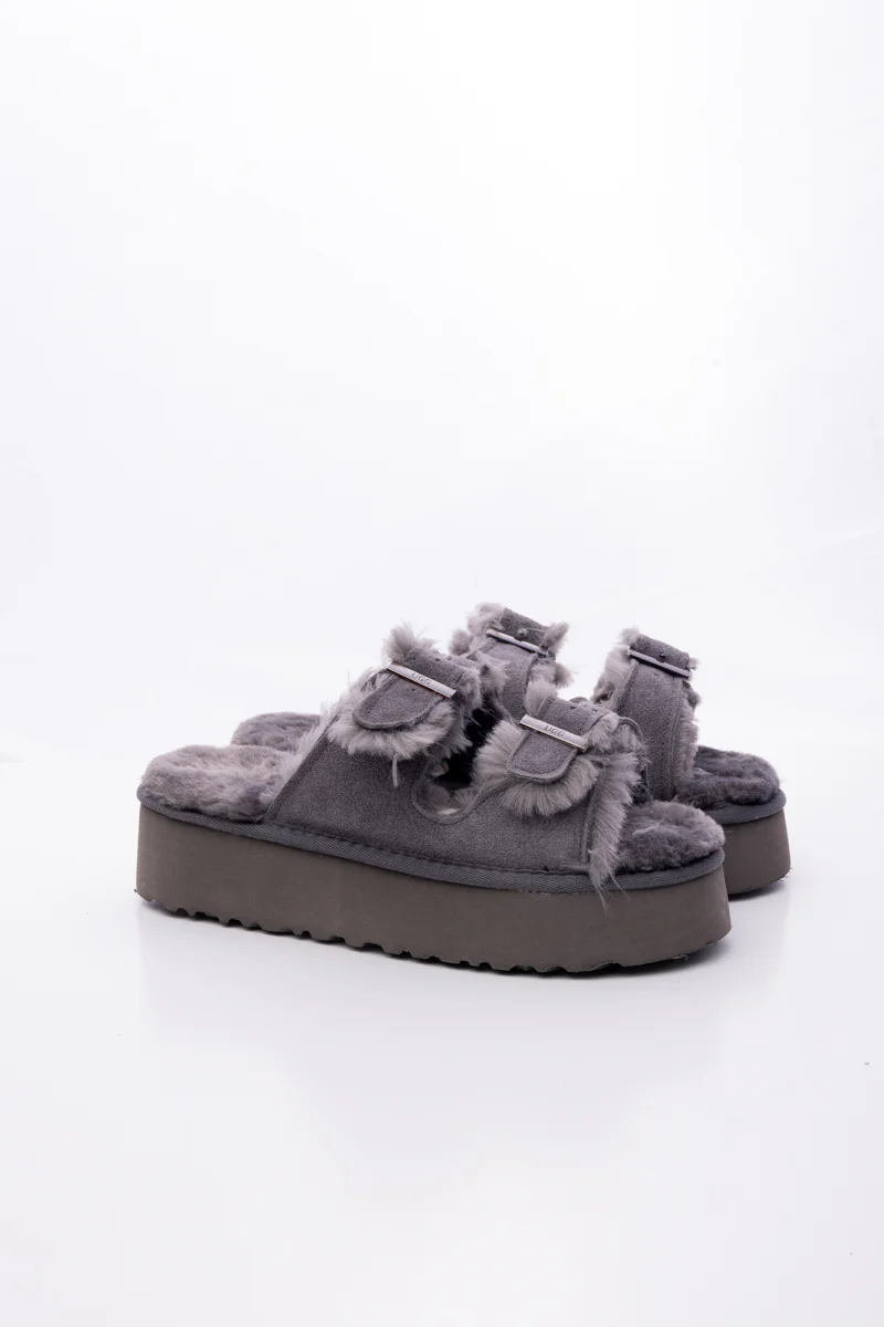 Smaibulun Ugg | Woolen Suede Double Strap Platform Sandal - Grey - Image 10