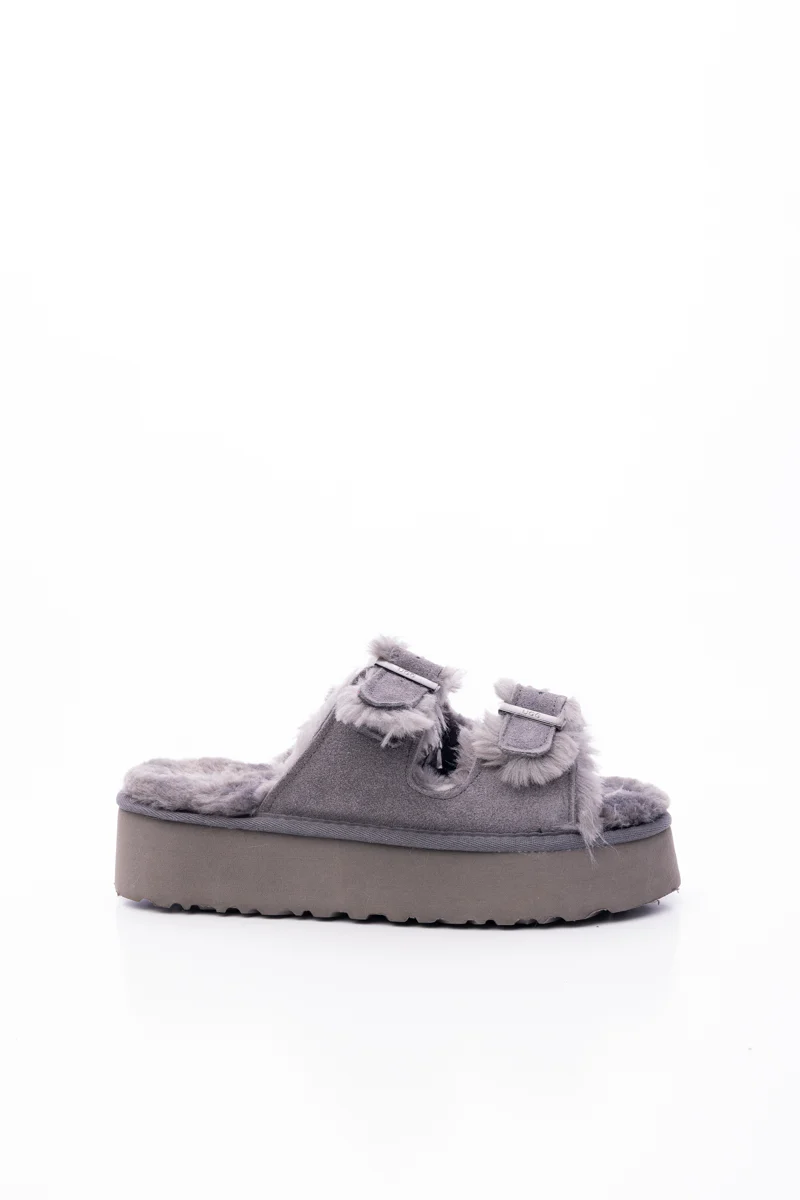 Smaibulun Ugg | Woolen Suede Double Strap Platform Sandal - Grey - Image 11
