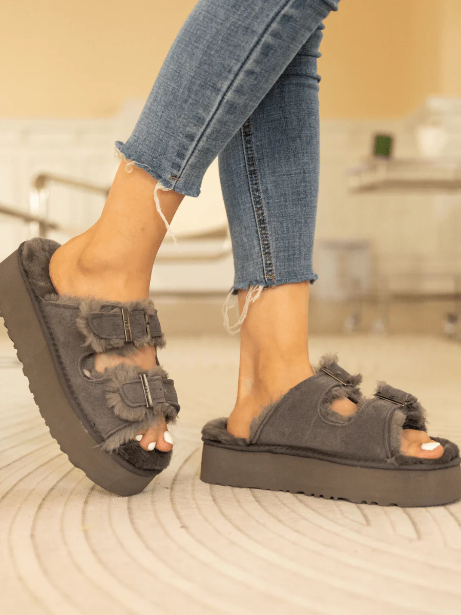 Smaibulun Ugg | Woolen Suede Double Strap Platform Sandal - Grey - Image 3