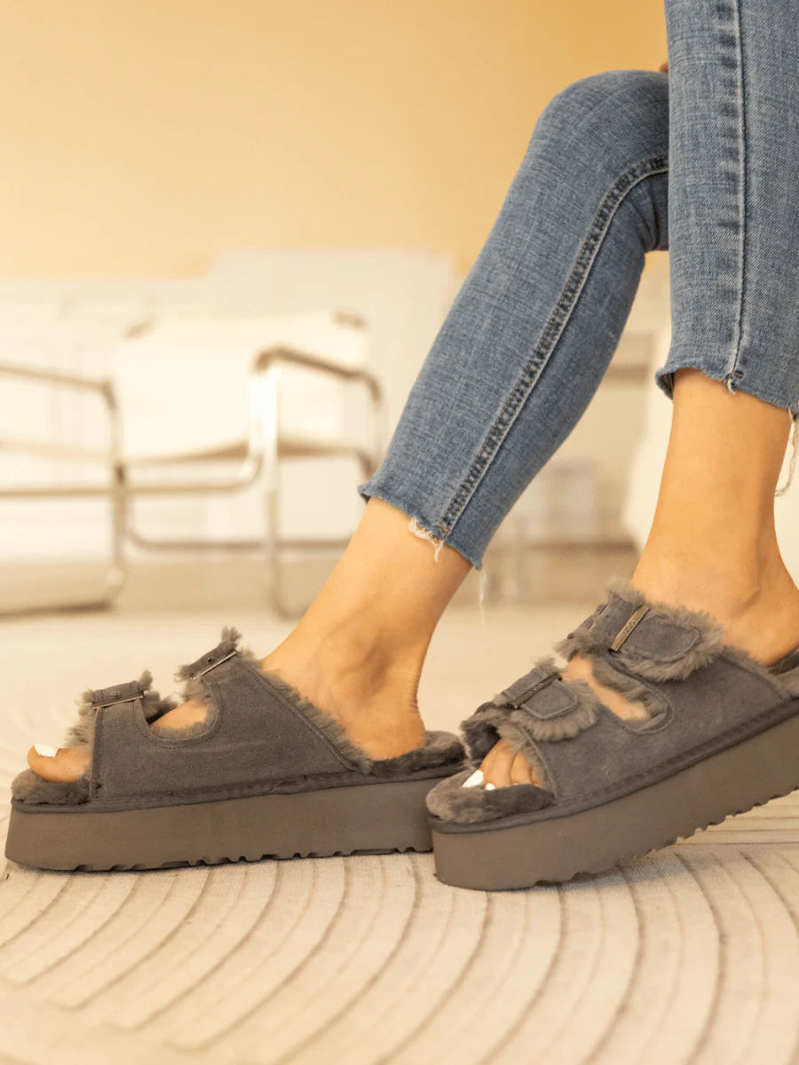 Smaibulun Ugg | Woolen Suede Double Strap Platform Sandal - Grey - Image 6