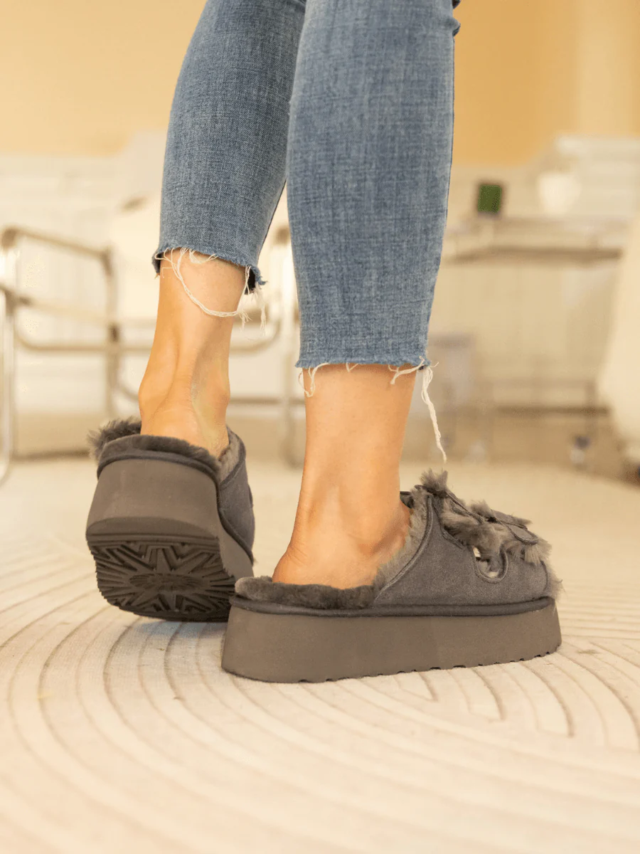 Smaibulun Ugg | Woolen Suede Double Strap Platform Sandal - Grey - Image 8