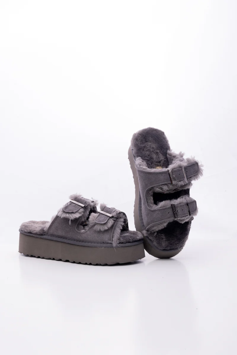 Smaibulun Ugg | Woolen Suede Double Strap Platform Sandal - Grey - Image 9