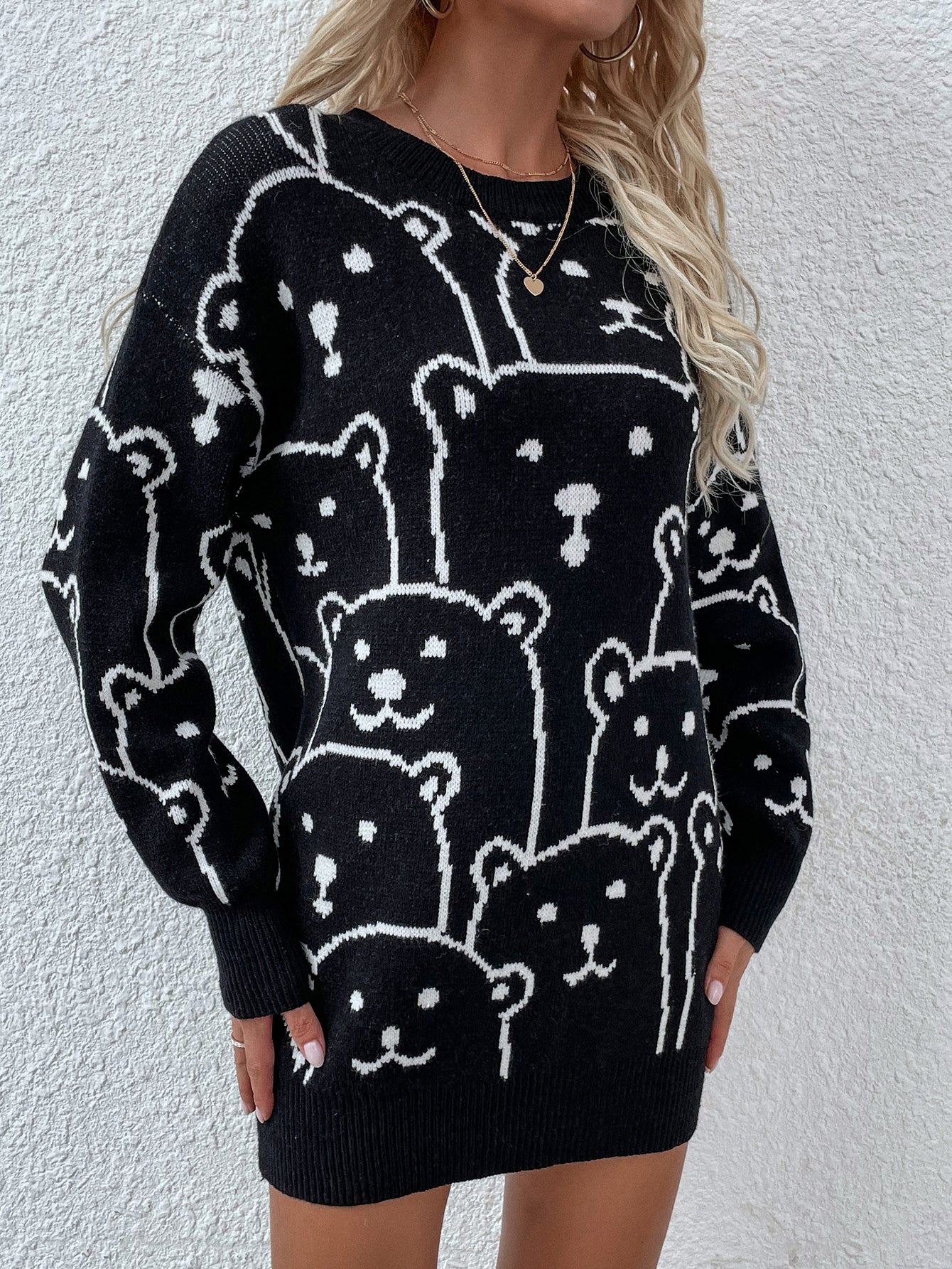 Smiley Polar Bear Knit Sweater Dress - Black - Image 3