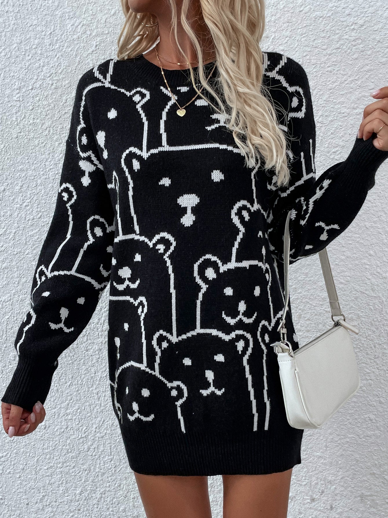 Smiley Polar Bear Knit Sweater Dress - Black - Image 4