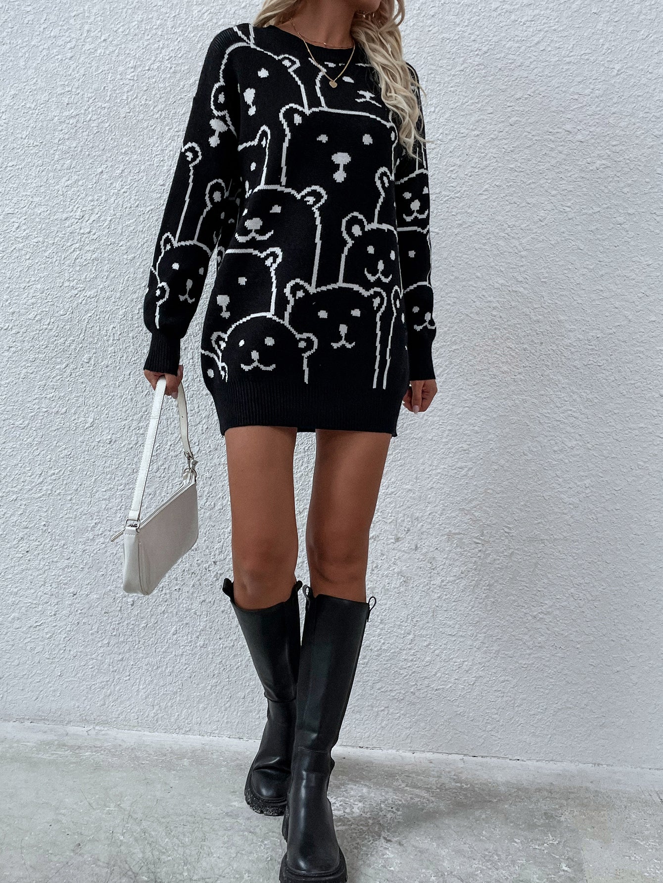 Smiley Polar Bear Knit Sweater Dress - Black - Image 5