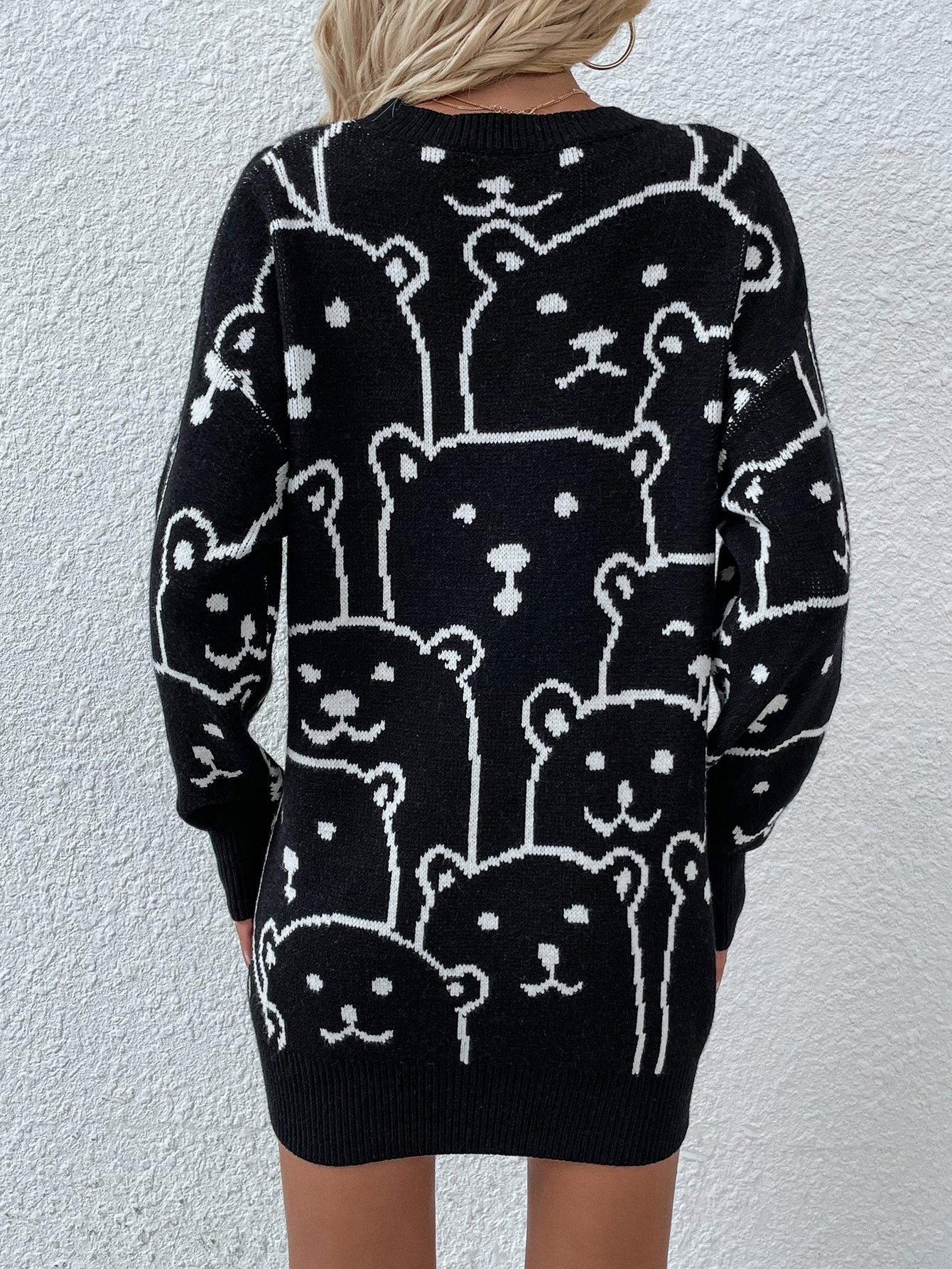 Smiley Polar Bear Knit Sweater Dress - Black - Image 6