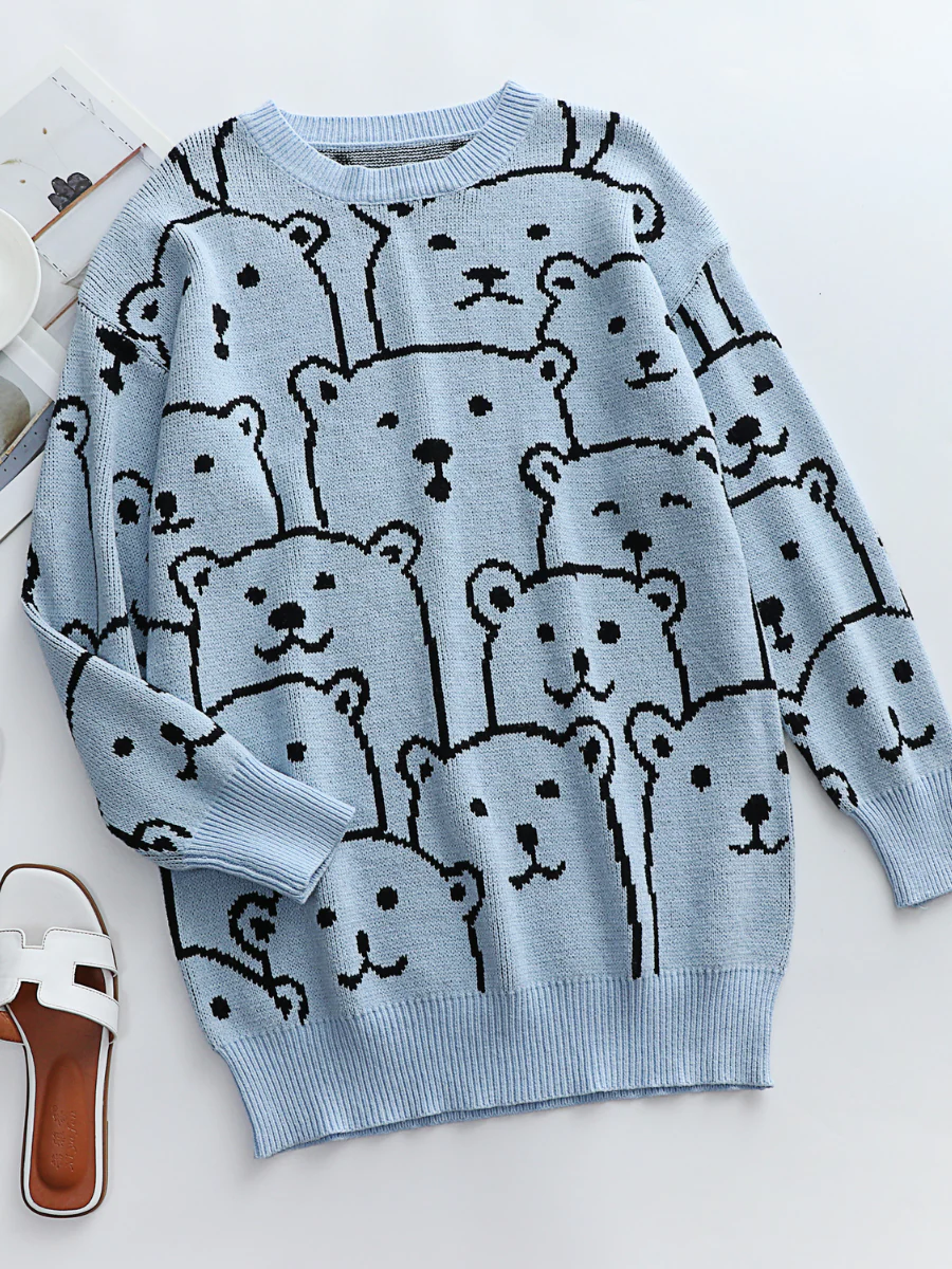 Smiley Polar Bear Knit Sweater Dress - Blue - Image 5