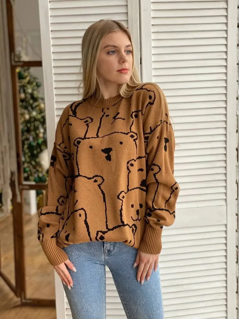 Smiley Polar Bear Knit Sweater Dress - Brown - Image 3