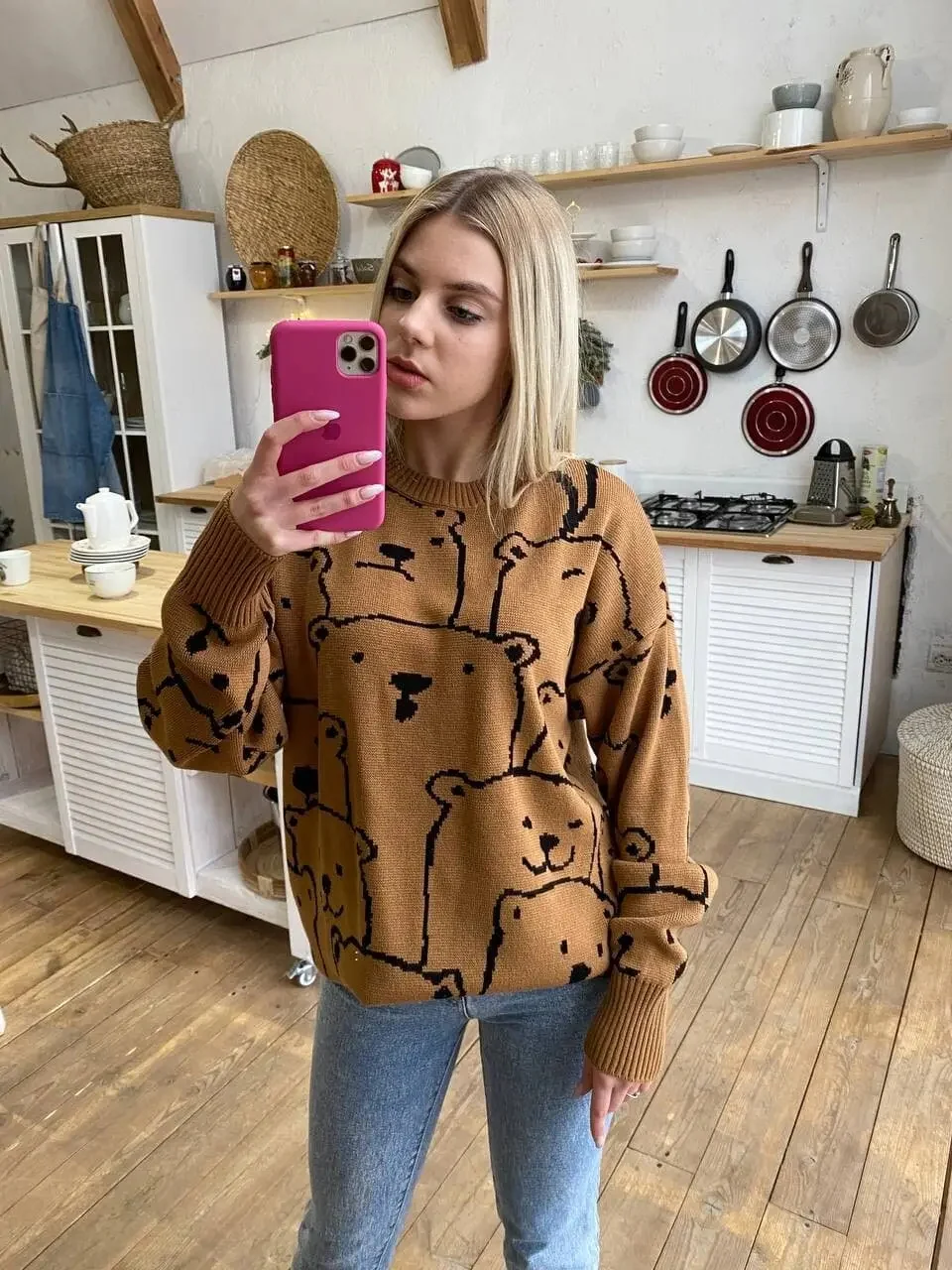 Smiley Polar Bear Knit Sweater Dress - Brown - Image 4