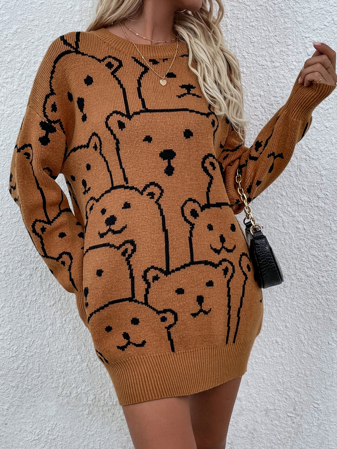 Smiley Polar Bear Knit Sweater Dress - Brown - Image 5