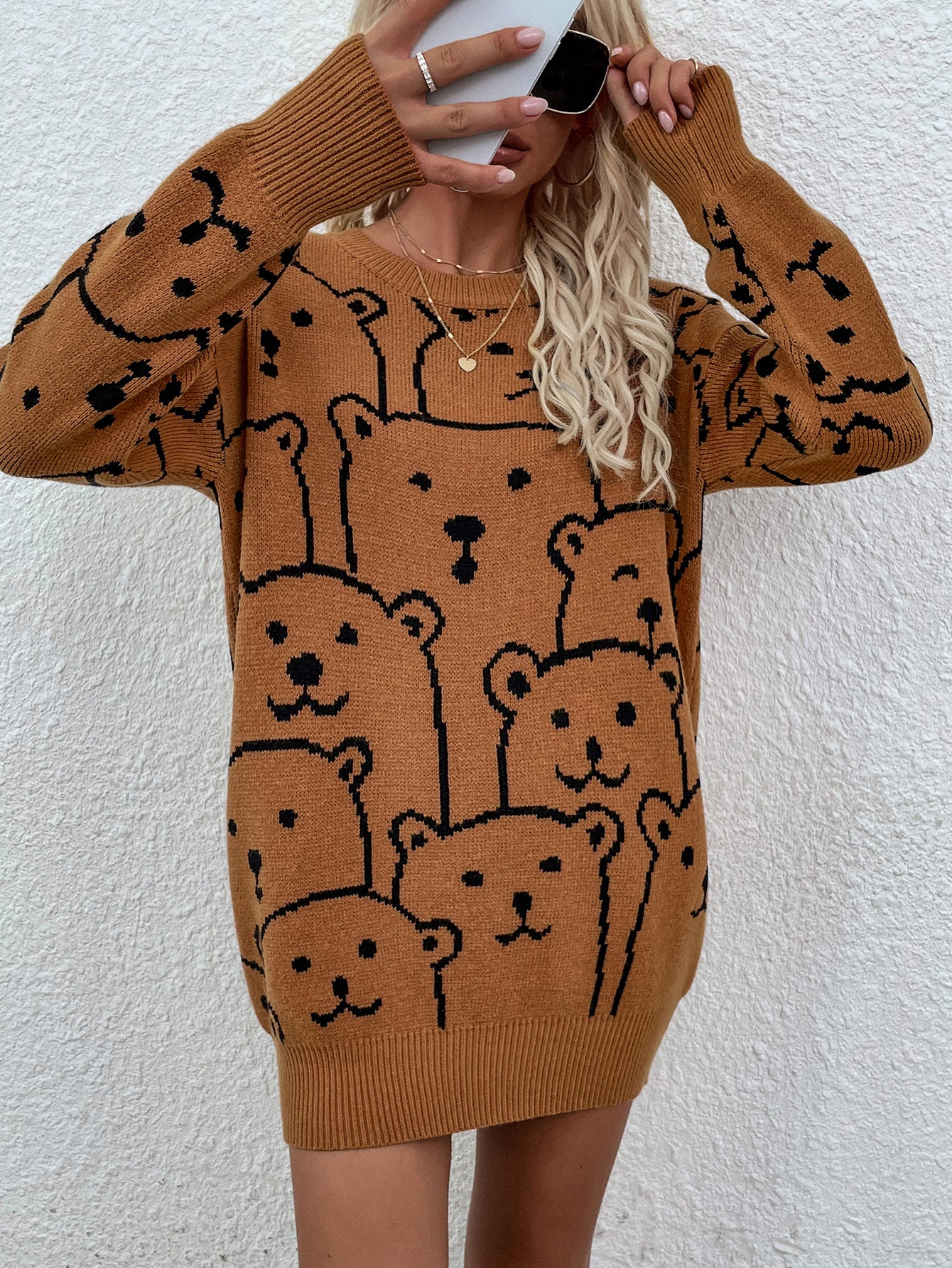 Smiley Polar Bear Knit Sweater Dress - Brown - Image 6