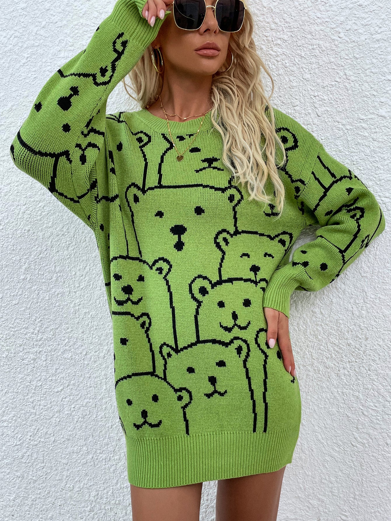 Smiley Polar Bear Knit Sweater Dress - Green - Image 3