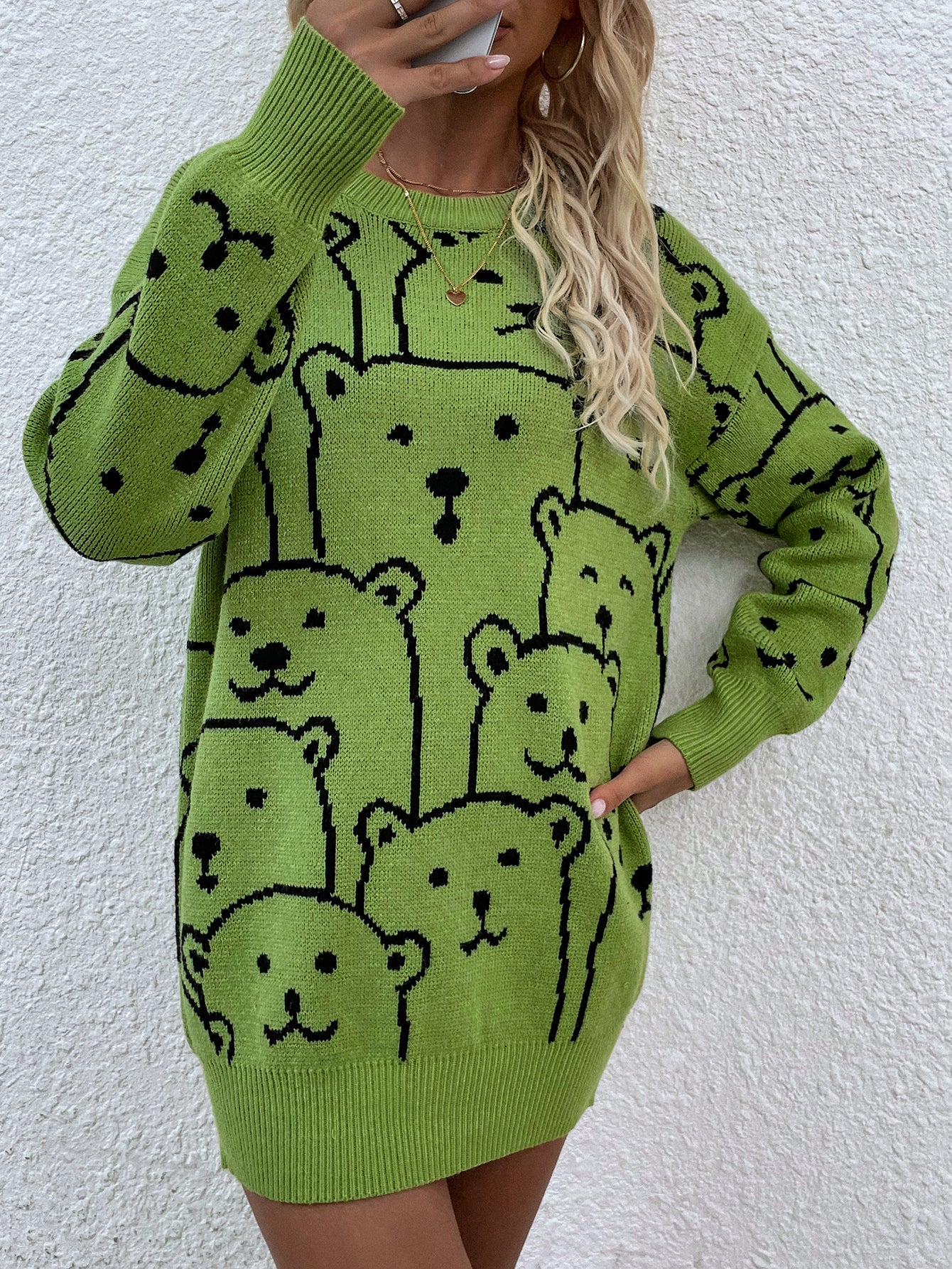 Smiley Polar Bear Knit Sweater Dress - Green - Image 4