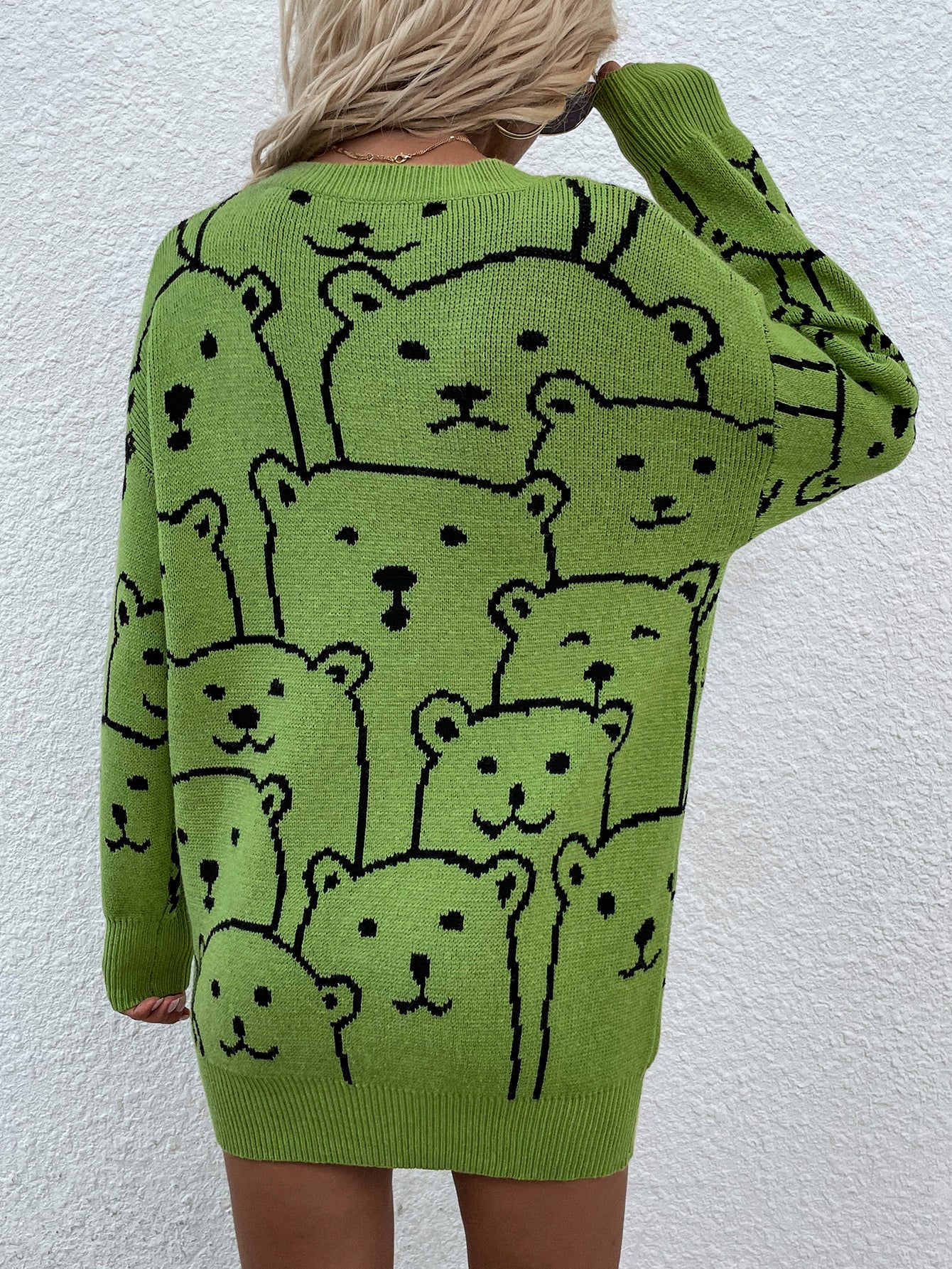 Smiley Polar Bear Knit Sweater Dress - Green - Image 5