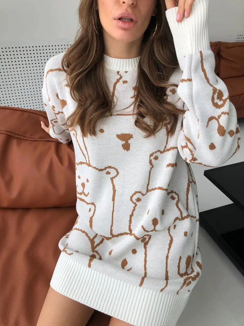 Smiley Polar Bear Knit Sweater Dress - White - Image 3