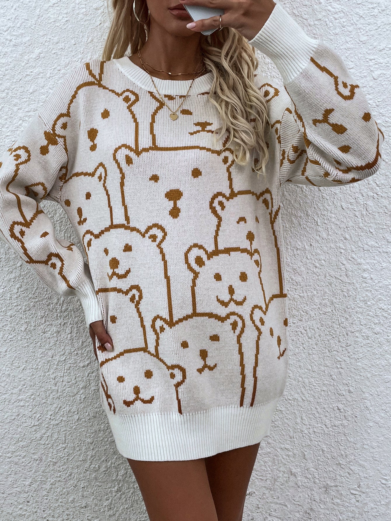 Smiley Polar Bear Knit Sweater Dress - White - Image 5