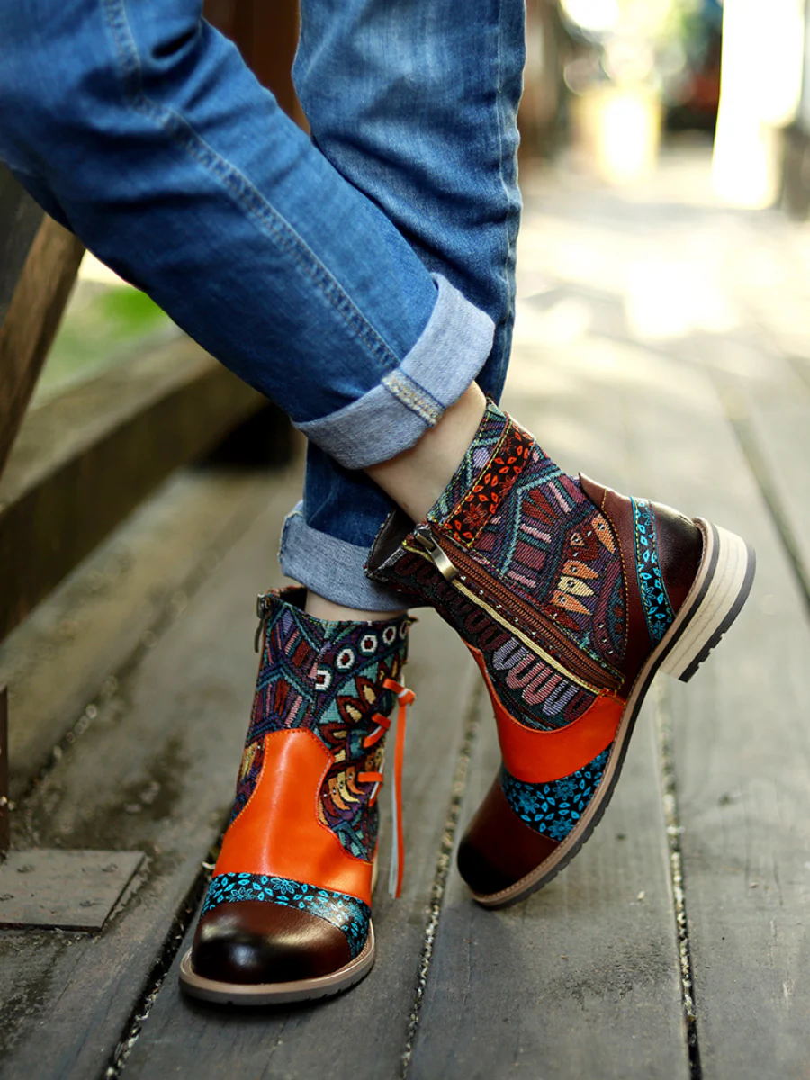 SOFFIA | Aboriginal Art Tassel Leather Ankle Boots - Image 3