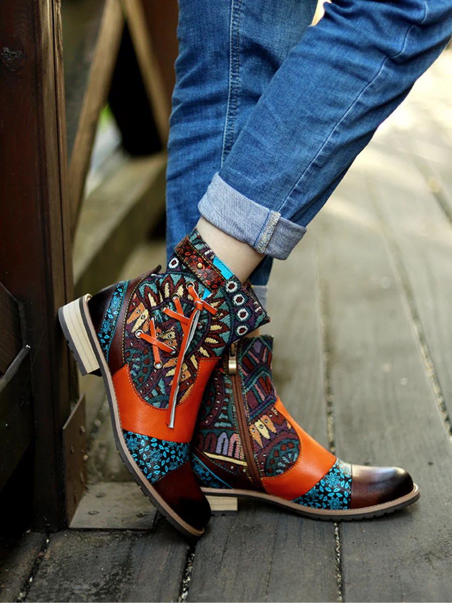 SOFFIA | Aboriginal Art Tassel Leather Ankle Boots - Image 4