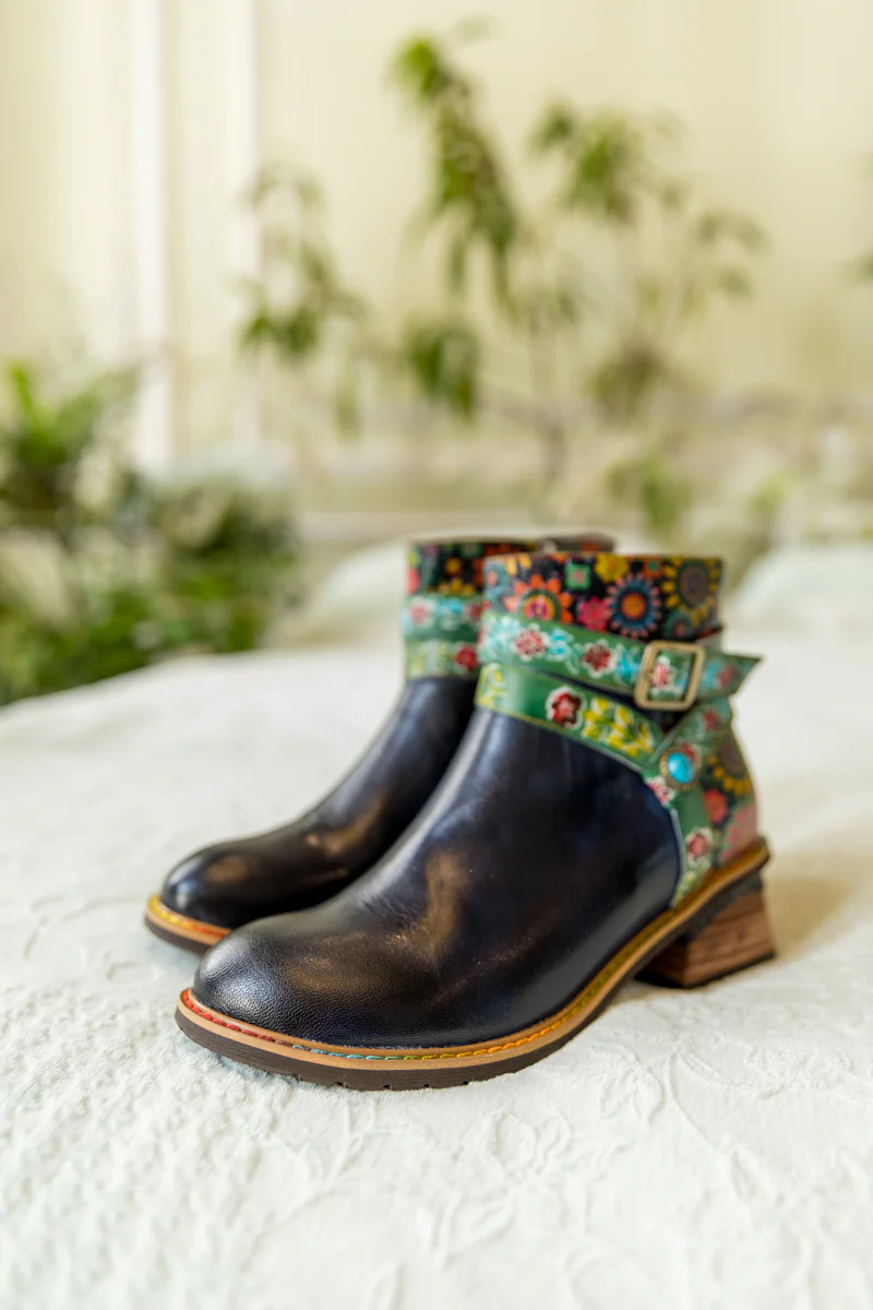 SOFFIA | ABSTRACT FLORAL STRAP LEATHER ANKLE BOOT - Image 11