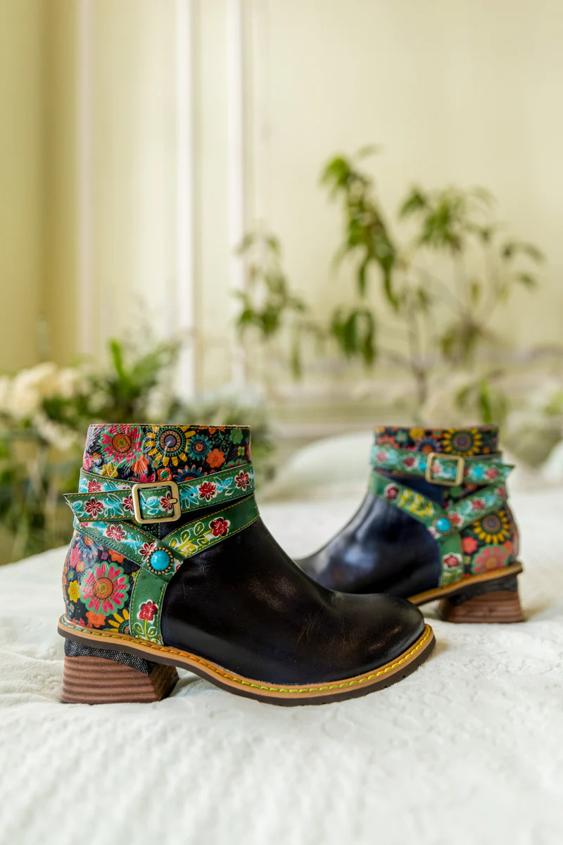 SOFFIA | ABSTRACT FLORAL STRAP LEATHER ANKLE BOOT - Image 12