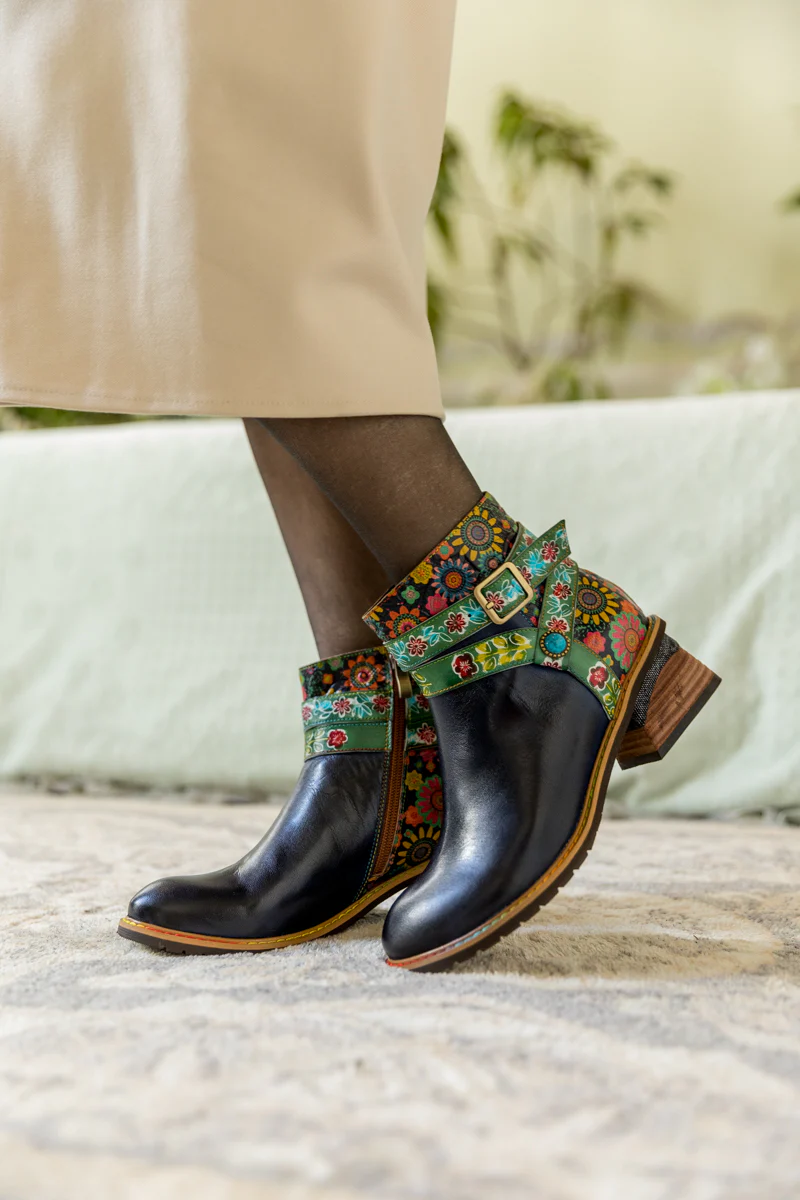 SOFFIA | ABSTRACT FLORAL STRAP LEATHER ANKLE BOOT - Image 3