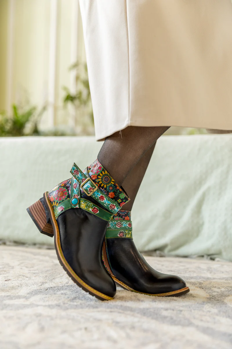 SOFFIA | ABSTRACT FLORAL STRAP LEATHER ANKLE BOOT - Image 5