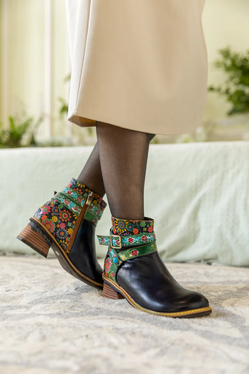 SOFFIA | ABSTRACT FLORAL STRAP LEATHER ANKLE BOOT - Image 6