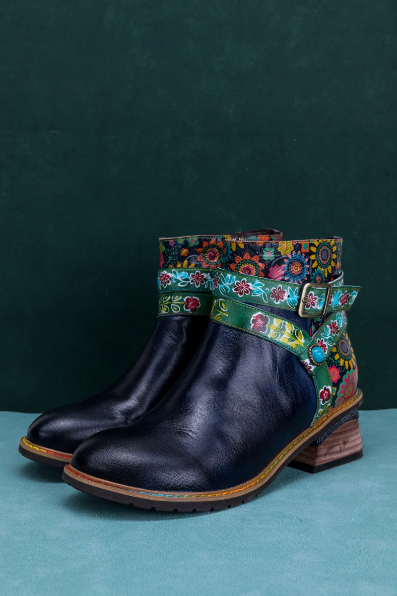 SOFFIA | ABSTRACT FLORAL STRAP LEATHER ANKLE BOOT - Image 7