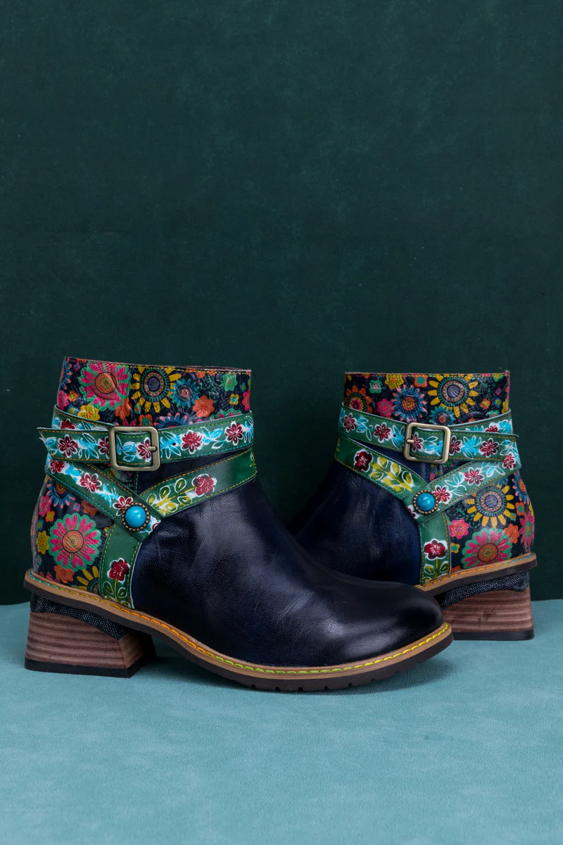 SOFFIA | ABSTRACT FLORAL STRAP LEATHER ANKLE BOOT - Image 8