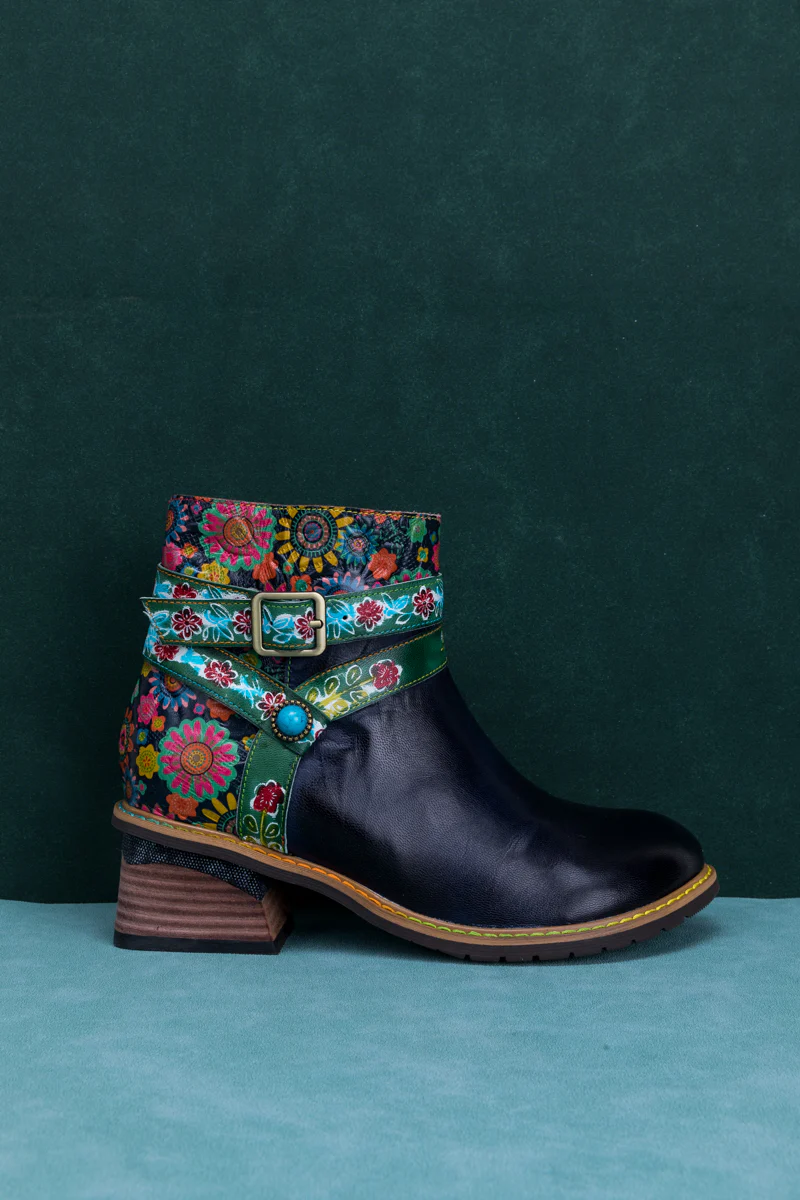 SOFFIA | ABSTRACT FLORAL STRAP LEATHER ANKLE BOOT - Image 9